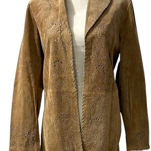 Coldwater Creek Suede Leather Laser Cut Open Front  Barn Jacket Coat Medium